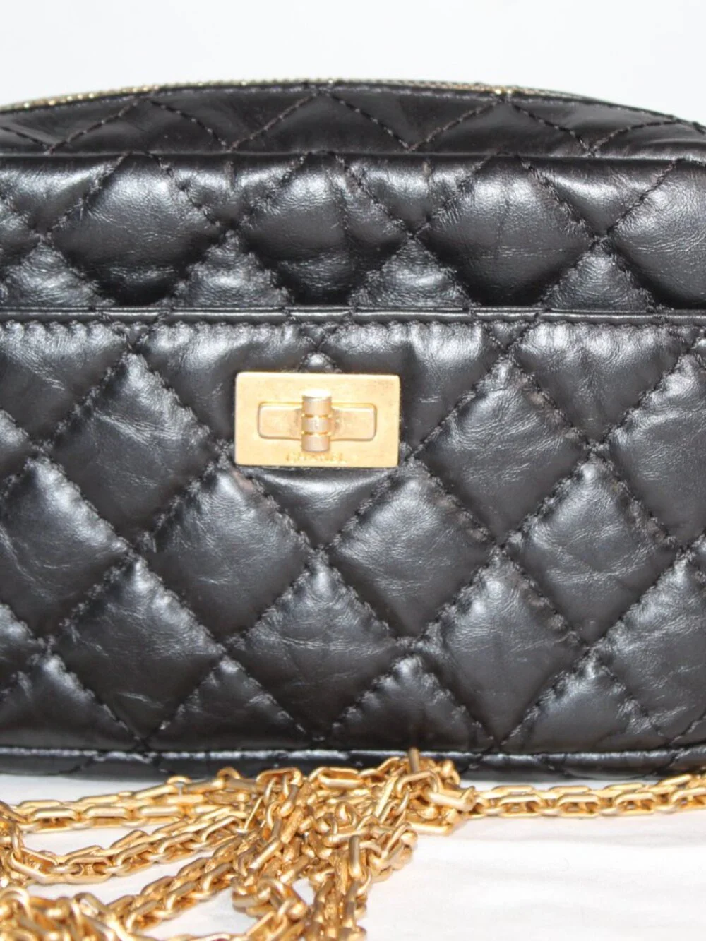 Chanel Black Leather 2.55 Reissue Camera Case Crossbody Zip Top Shoulder Bag